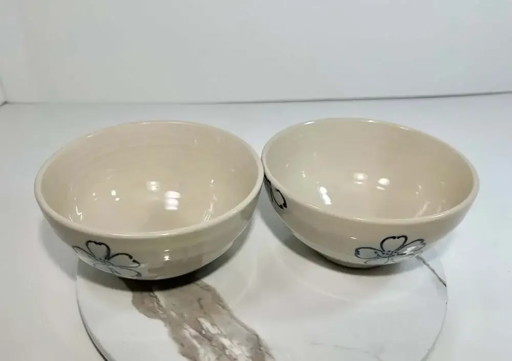 Pier One Imports Blue Hibiscus Flower Stoneware Bowls Set of Two